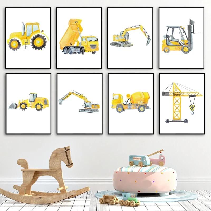 Heavy Equipment Background - Inşaat Araçları Suluboya Kreş Duvar Sanatı