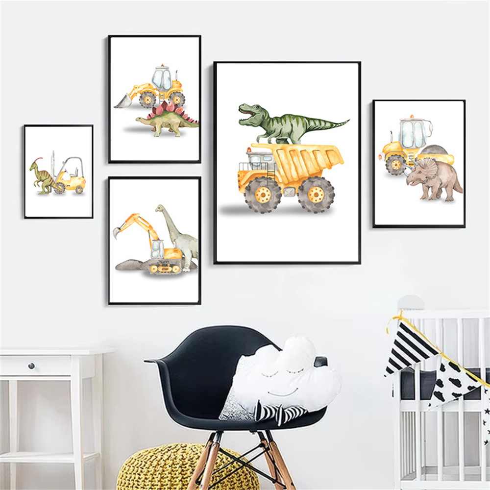 Heavy Equipment Background - Karikatür dinozor kamyon traktör ekskavatör duvar